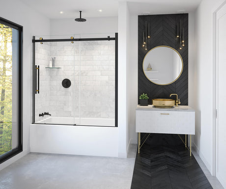 MAAX 138480-900-380-000 Vela 56 ½-59 x 59 in. 8 mm Sliding Tub Door for Alcove Installation with Clear glass in Matte Black and Brushed Gold