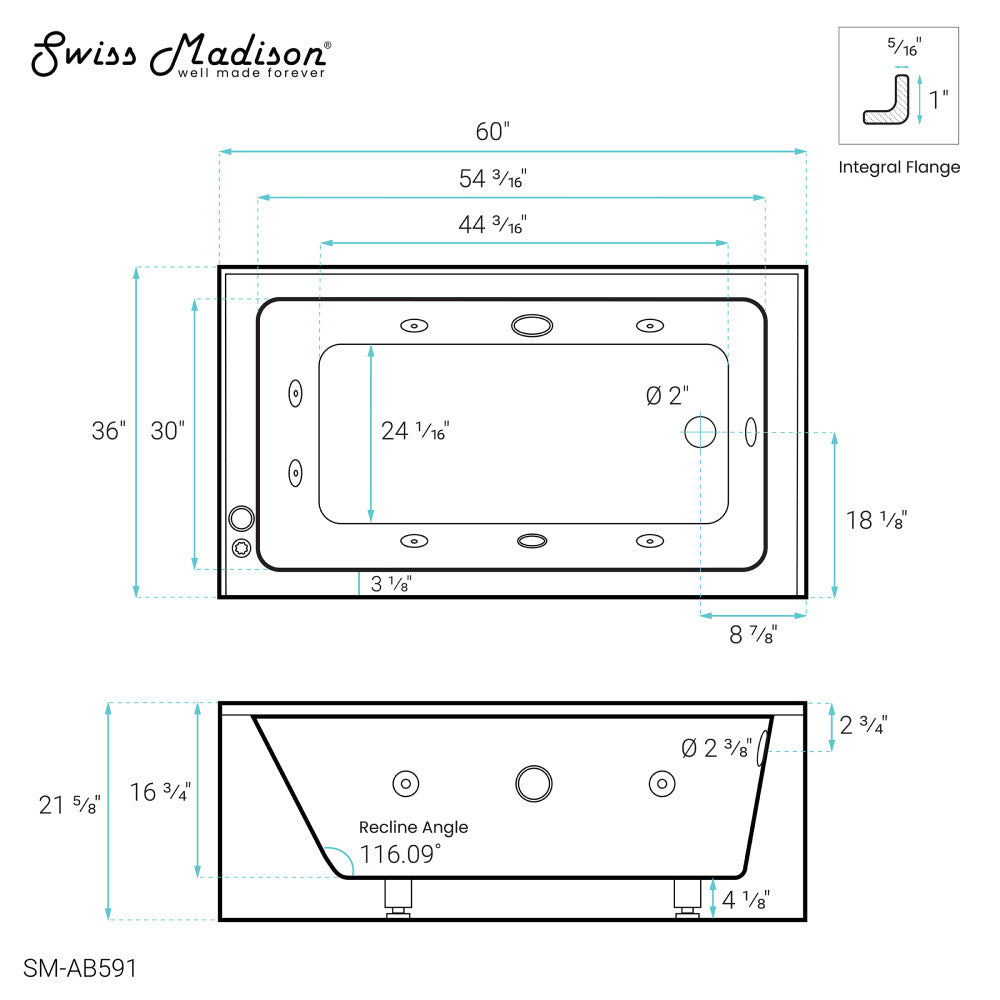 Avancer 60" x 36" Right-Hand Drain Rectangular Alcove Whirlpool Bathtub with Apron