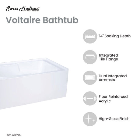 Voltaire 48 x 30" Left-Hand Drain Alcove Integrated Armrest Bathtub with Apron