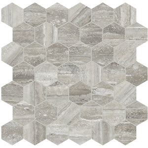 Anatolia Tile La Marca 2 Inch Hexagon Traventino Honed Porcelain Mosaics. 1 Sheet = .96 Sq. Ft. 4501-0355-0 Travertino Instrata 2" Hexagon Honed - premium natural stone mosaic tile from Anatolia Tile, available at PoshHaus showroom in Keene, NH