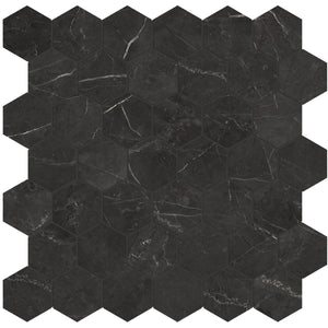 Anatolia Tile La Marca 2 Inch Hexagon Nero Honed Porcelain Mosaics. 1 Sheet = .96 Sq. Ft. 4501-0348-0 Nero Venato 2" Hexagon Honed - premium natural stone mosaic tile from Anatolia Tile, available at PoshHaus showroom in Keene, NH