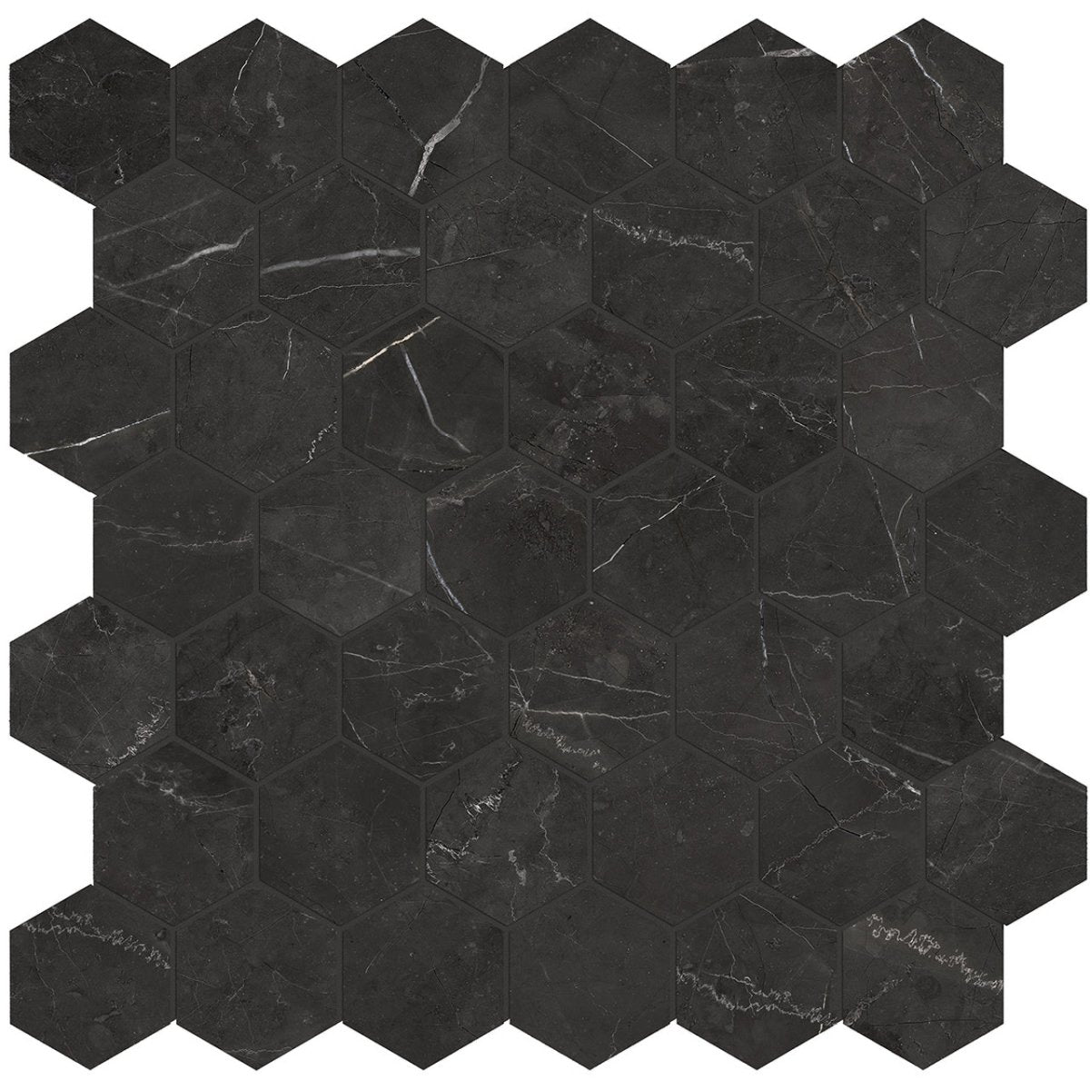 Anatolia Tile La Marca 2 Inch Hexagon Nero Polished Porcelain Mosaics. 1 Sheet = .96 Sq. Ft. 4501-0339-0 Nero Venato 2" Hexagon Polished - premium natural stone mosaic tile from Anatolia Tile, available at PoshHaus showroom in Keene, NH