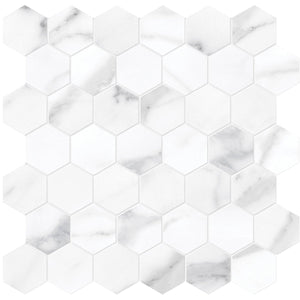 Anatolia Tile La Marca 2 Inch Hexagon Statuario Honed Porcelain Mosaics. 1 Sheet = .96 Sq. Ft. 4501-0356-0 Statuario Nuovo 2" Hexagon Honed - premium natural stone mosaic tile from Anatolia Tile, available at PoshHaus showroom in Keene, NH