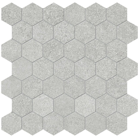 Anatolia Tile 2" Mjork Color Body Porcelain Ash Hexagon 42 Piece Mosaic 4501-0379-0 1 Sheet = .97 Sq. Ft." Ash 2" Hexagon - premium natural stone mosaic tile from Anatolia Tile, available at PoshHaus showroom in Keene, NH
