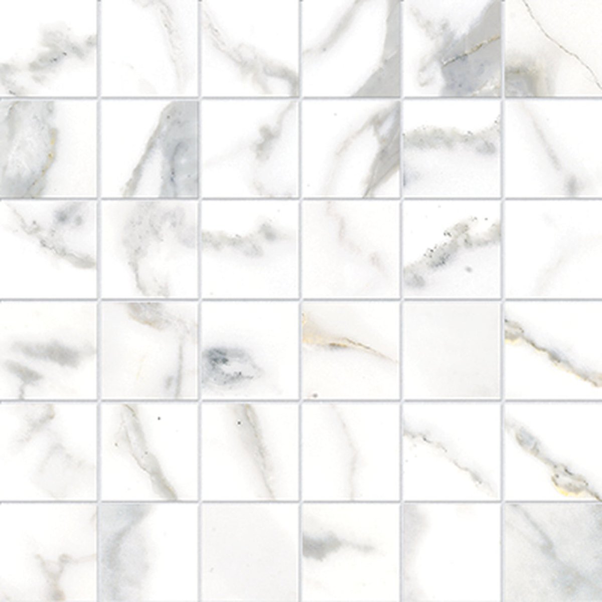 Anatolia Tile 2X2 Classic Matte Calacatta 36 Piece Porcelain Mosaics. 1 Sheet = .96 Sq. Ft. 4501-0064-0 (63-366) Calacatta 2x2 - premium natural stone mosaic tile from Anatolia Tile, available at PoshHaus showroom in Keene, NH