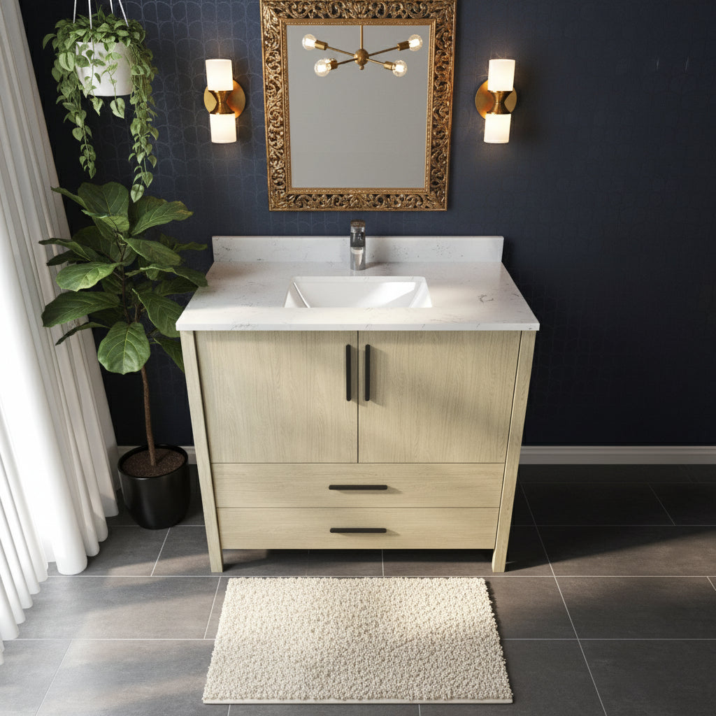 New England Home Goods Hilton 36" Single Sink Vanity in White - Engineered Wood; Stone Top