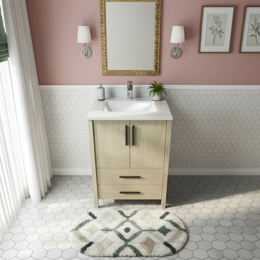 New England Home Goods Haleakala 24" Single Sink Vanity in White - Engineered Wood; Stone Top