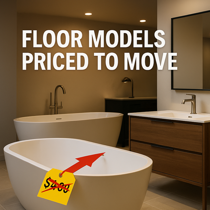 Bathroom with sale signs indicating final sale and showroom clearance, with text about floor models and limited stock.