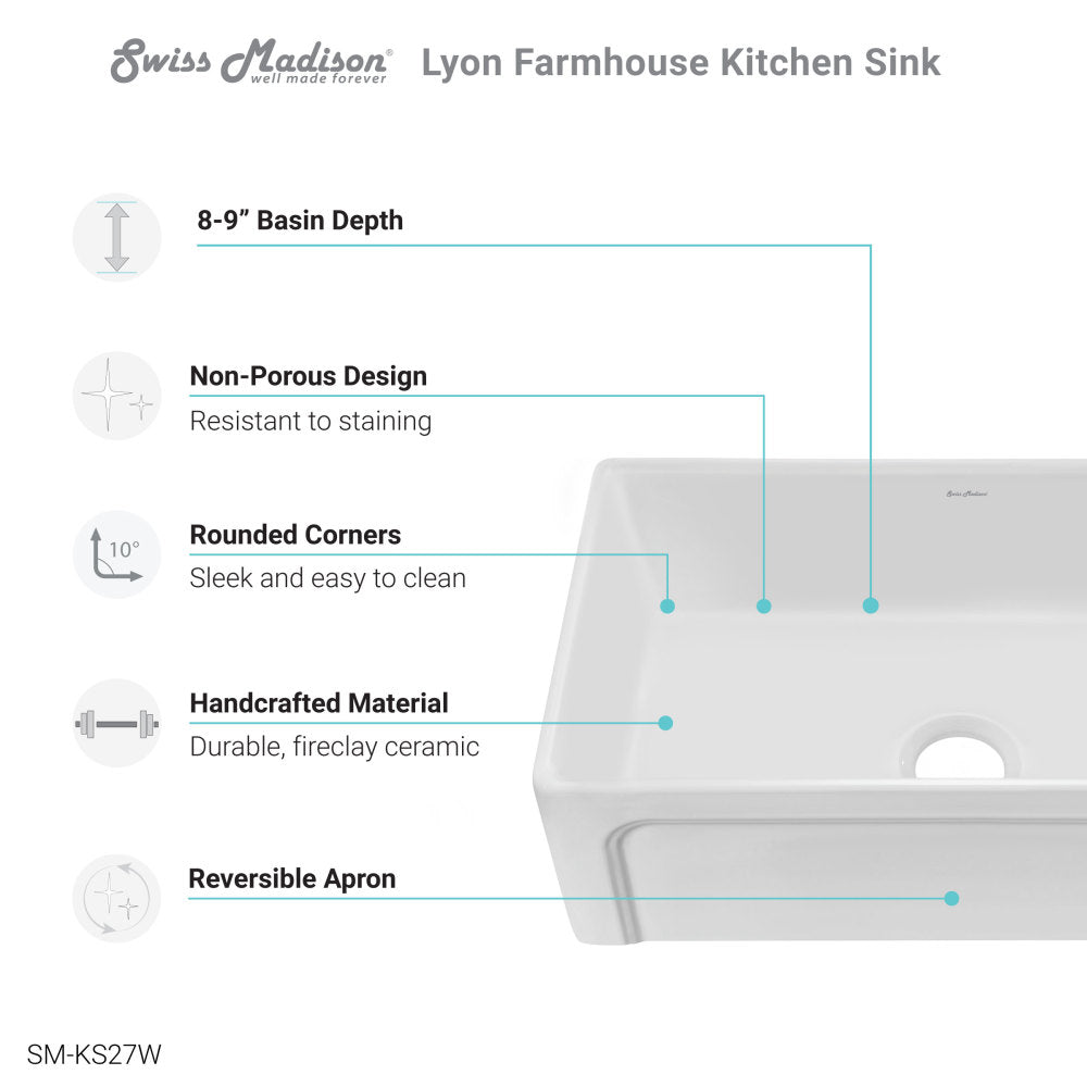 Lyon 30 x 18 Fireclay, Single Basin, Farmhouse Kitchen Sink in White