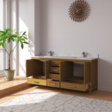 New England Home Goods 72" Double Sink Rubberwood Vanity with Quartz Top & 6 Drawers