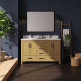 New England Home Goods 55" Natural Wood Double Sink Vanity with Quartz Top