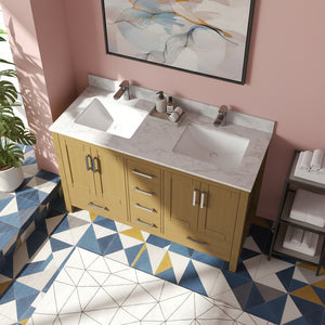 New England Home Goods Etna 55" Single Sink Vanity in White with Double Bowl Quartz Top