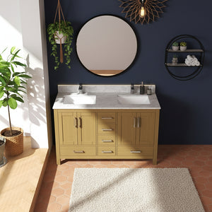 New England Home Goods Etna 55" Single Sink Vanity in White with Double Bowl Quartz Top