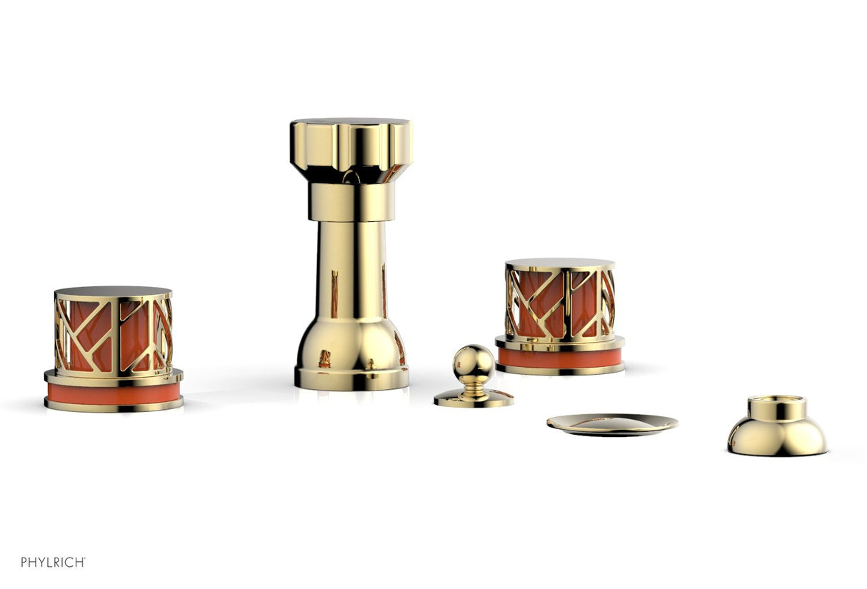 Phylrich 222-60-03UX042 JOLIE Four Hole Bidet Set - Round Handles with "Orange Accents" 222-60 - Polished Brass Uncoated