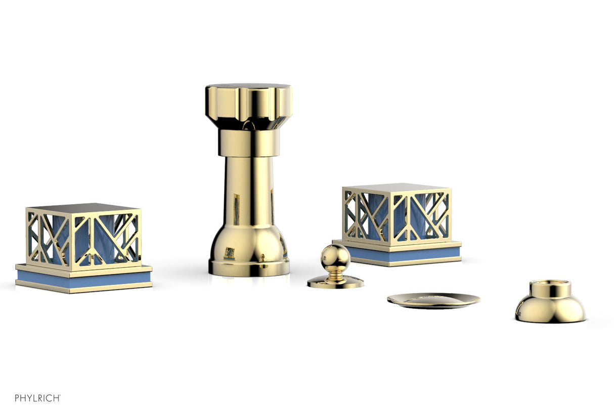 Phylrich 222-61-03UX043 JOLIE Four Hole Bidet Set - Square Handles with "Light Blue Accents" 222-61 - Polished Brass Uncoated