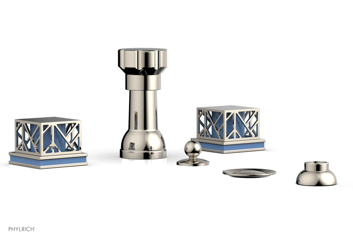 Phylrich 222-61-014X043 JOLIE Four Hole Bidet Set - Square Handles with "Light Blue Accents" 222-61 - Polished Nickel