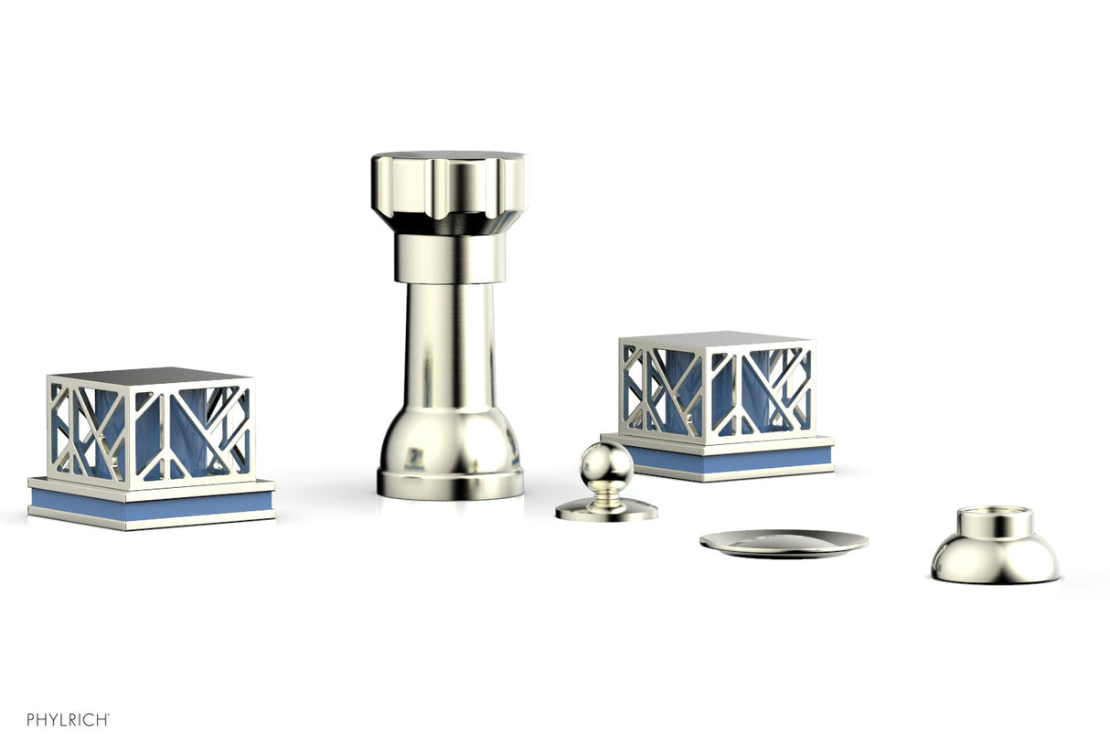 Phylrich 222-61-015X043 JOLIE Four Hole Bidet Set - Square Handles with "Light Blue Accents" 222-61 - Satin Nickel