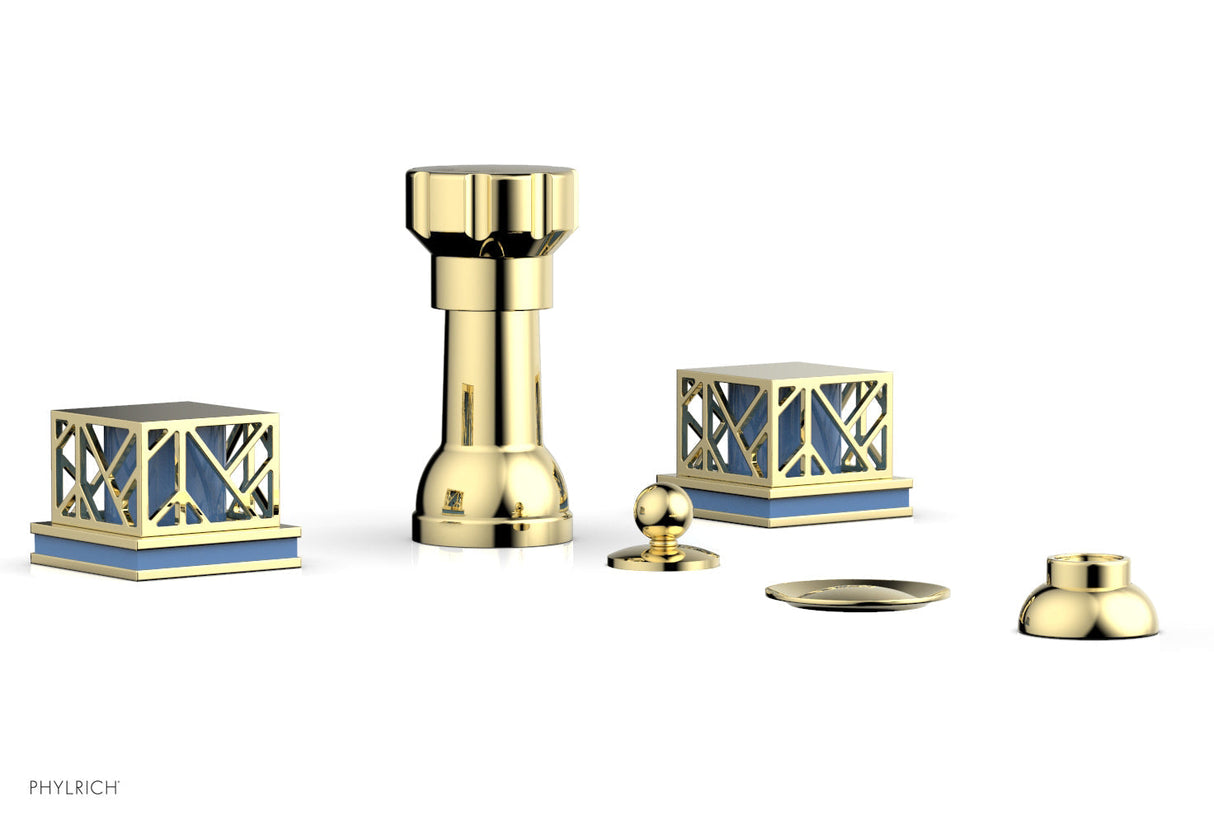 Phylrich 222-61-003X043 JOLIE Four Hole Bidet Set - Square Handles with "Light Blue Accents" 222-61 - Polished Brass