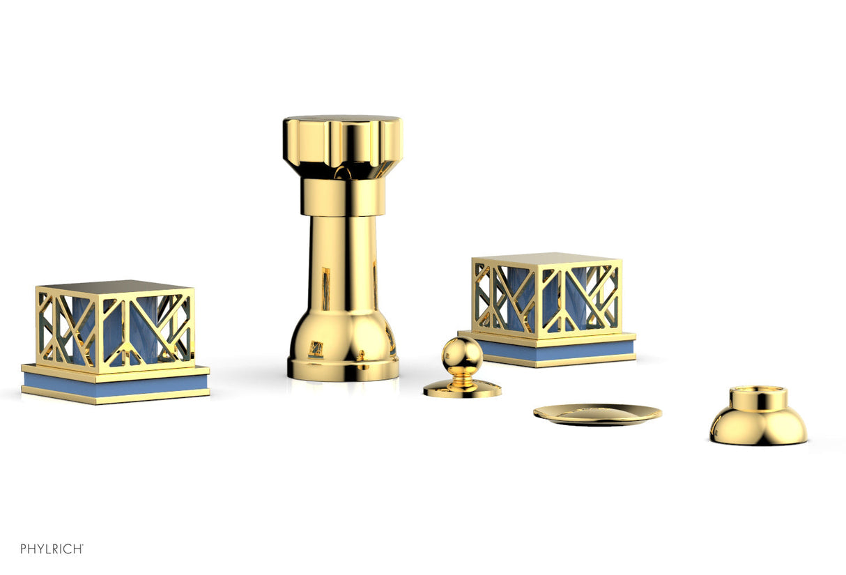 Phylrich 222-61-025X043 JOLIE Four Hole Bidet Set - Square Handles with "Light Blue Accents" 222-61 - Polished Gold