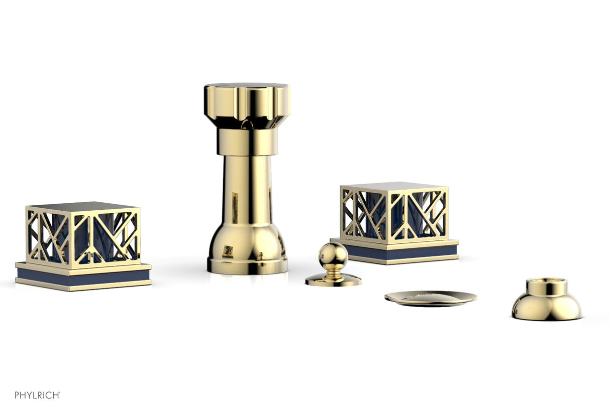 Phylrich 222-61-03UX044 JOLIE Four Hole Bidet Set - Square Handles with "Navy Blue Accents" 222-61 - Polished Brass Uncoated