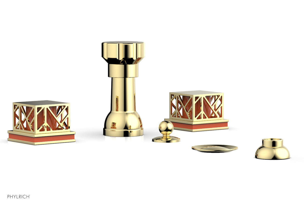Phylrich 222-61-003X042 JOLIE Four Hole Bidet Set - Square Handles with "Orange Accents" 222-61 - Polished Brass