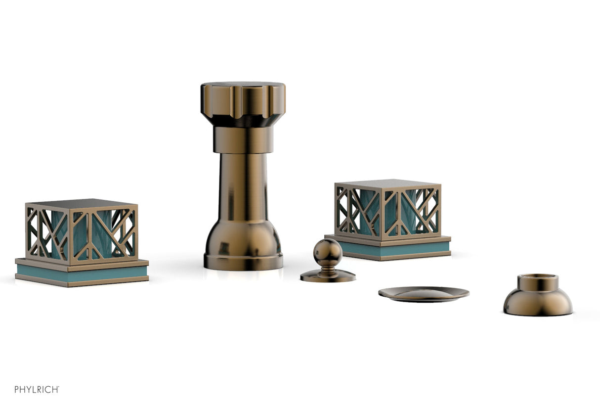 Phylrich 222-61-047X049 JOLIE Four Hole Bidet Set - Square Handles with "Turquoise Accents" 222-61 - Antique Brass