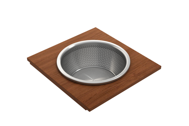BOCCHI 2320 0014 Wood Board with Large Round Stainless Steel Mixing Bowl and Colander F/1616, 1618, 1633 (inner ledge)