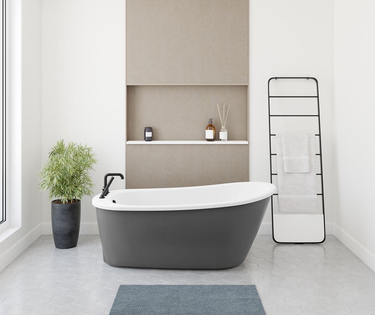 MAAX 105797-000-002-127 Sax AcrylX Freestanding End Drain Bathtub in White with Thundey Grey Skirt