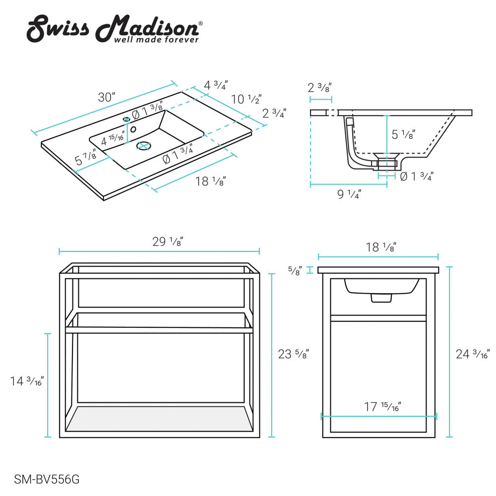 Pierre 30 Single, Open Shelf, Gold Metal Frame Bathroom Vanity