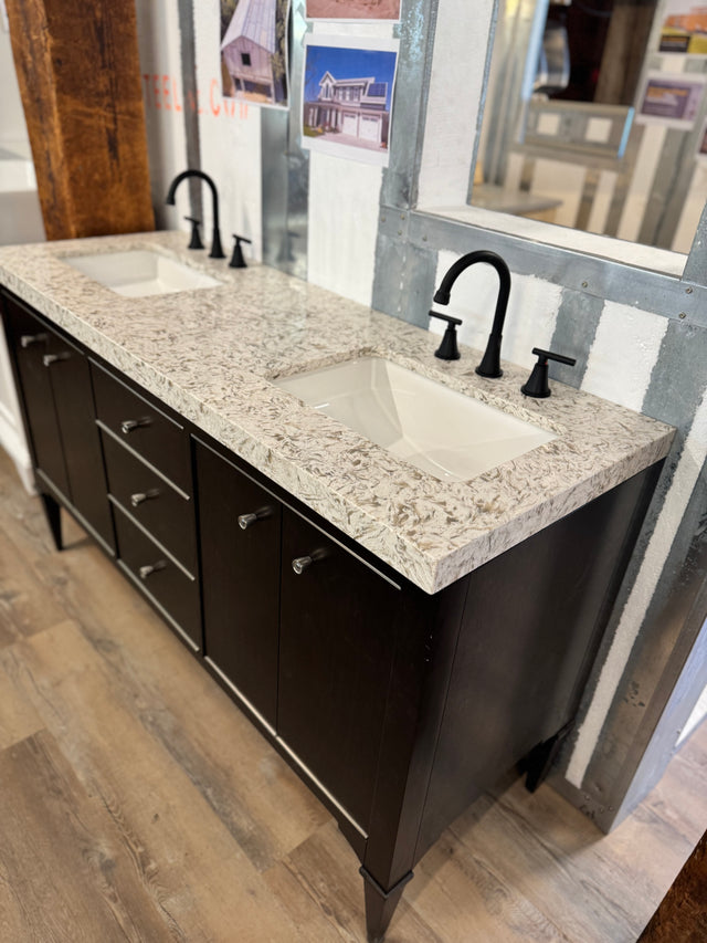 60" Double Bowl Black Vanity Set with Quartz Top with Cermic Sink, and Black Widespread Faucets