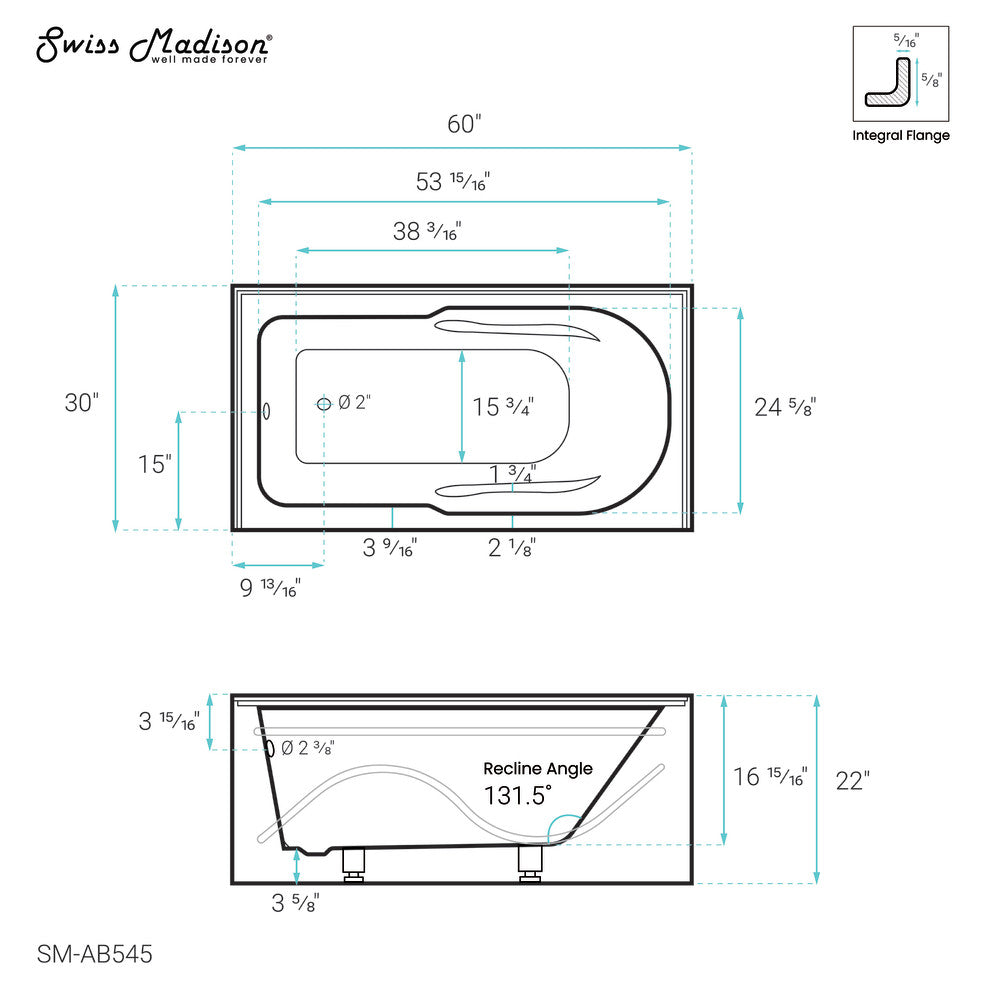 Ivy 60" X 30" Left-Hand Drain Alcove Bathtub with Apron