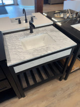 30" Metal Frame Vanity with Marble Fronts with Marble Top, China Sink, and Matte Black Waterfall Faucet
