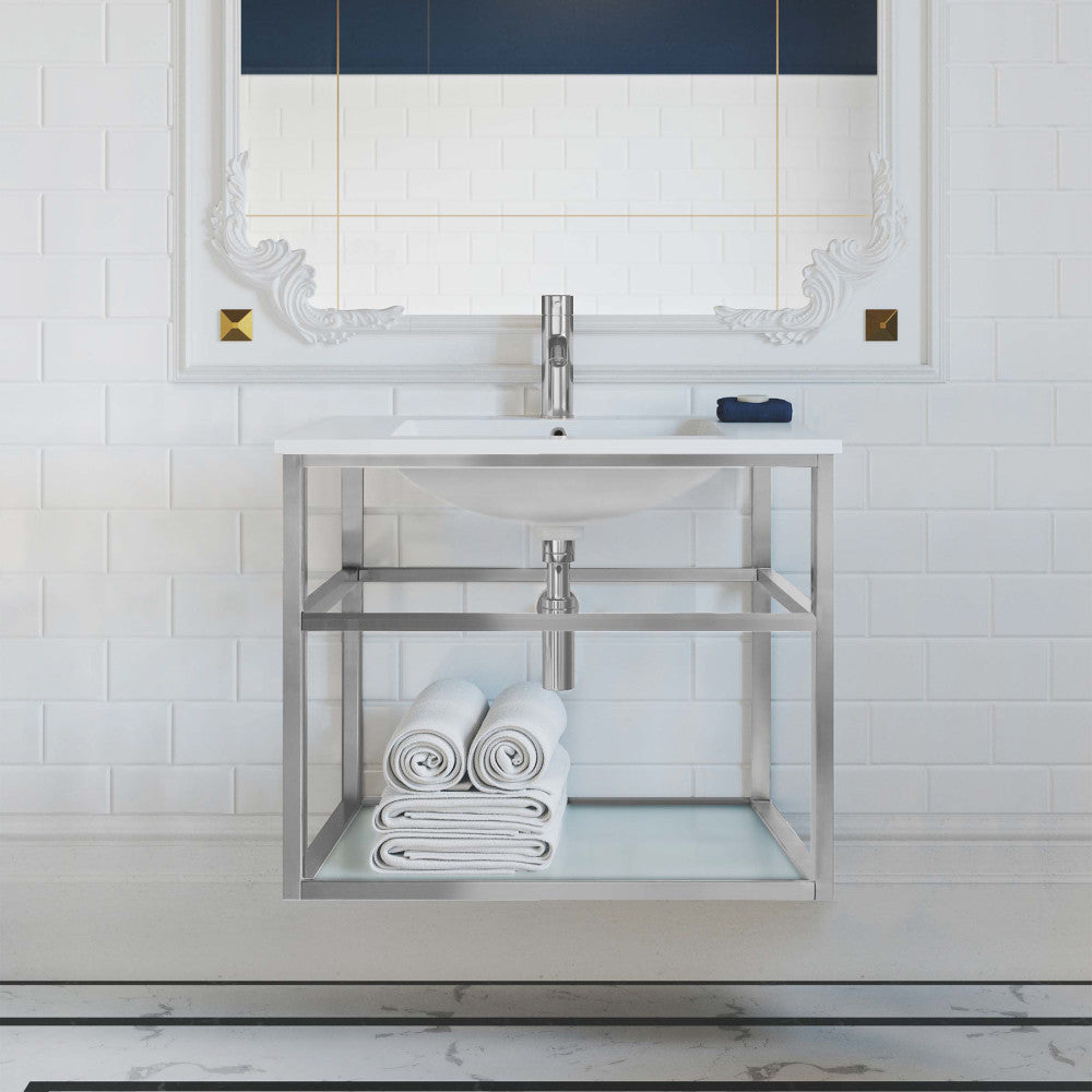 Pierre 30 Single, Open Shelf, Chrome Metal Frame Bathroom Vanity