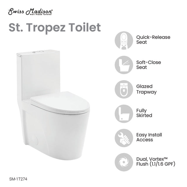 St. Tropez One Piece Elongated Toilet Dual Vortex Flush 1.1/1.6 gpf with 10" Rough In