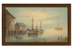 Framed vintage harbor scene oil painting with ships and a building on a white background.