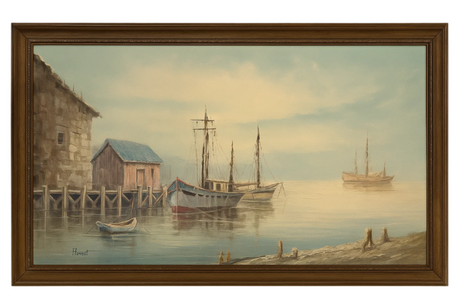 Framed vintage harbor scene oil painting with ships and a building on a white background.