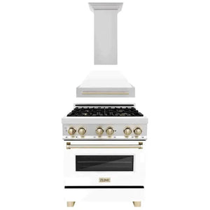 ZLINE Autograph Edition 30 in. Kitchen Package with Stainless Steel Dual Fuel Range with White Matte Door and Range Hood with Polished Gold Accents (2AKP-RAWMRH30-G)