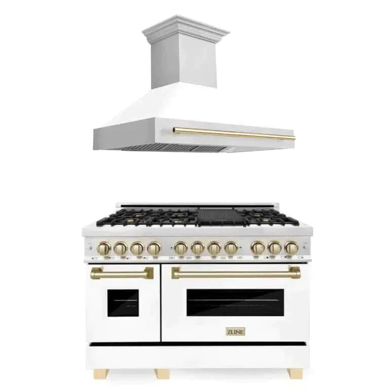 ZLINE Autograph Edition 48 in. Kitchen Package with Stainless Steel Dual Fuel Range with White Matte Door and Range Hood with Polished Gold Accents (2AKP-RAWMRH48-G)
