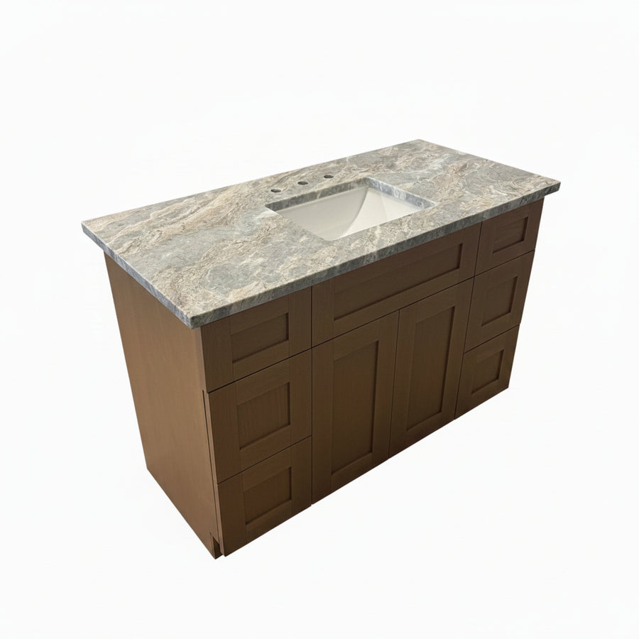 50" Glorious Shaker Caramel Vanity by Cab-Tec – Solid Wood with Fantasy Brown Marble Top