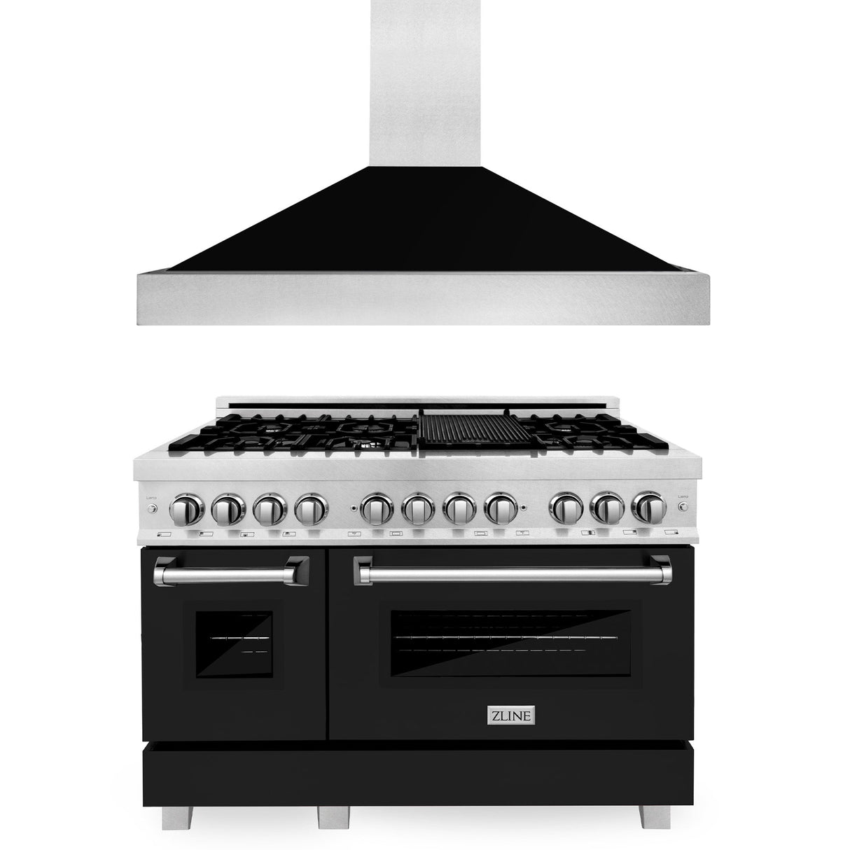 ZLINE 48 in. Kitchen Package with Fingerprint Resistant Stainless Steel Dual Fuel Range with Black Matte Door and Convertible Vent Range Hood (2KP-RASBLMRH48)