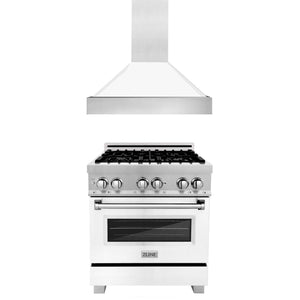 ZLINE 30 in. Kitchen Package with DuraSnow® Stainless Steel Dual Fuel Range with White Matte Door and Convertible Vent Range Hood (2KP-RASWMRH30)