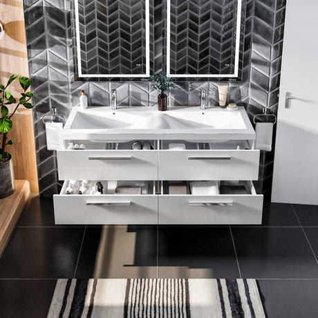 Surf 57 in. White Wall Mount Double Sink  Bath Vanity with Acrylic Top and Integrated Sinks