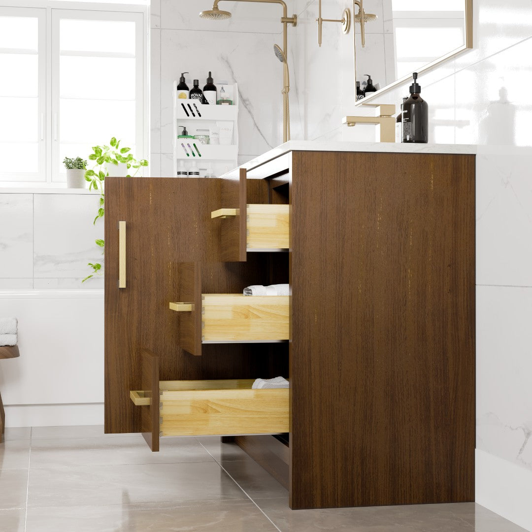 Curio 42 in. Walnut Single Sink Bath Vanity with Carrara Quartz Top and Undermount Porcelain Sink