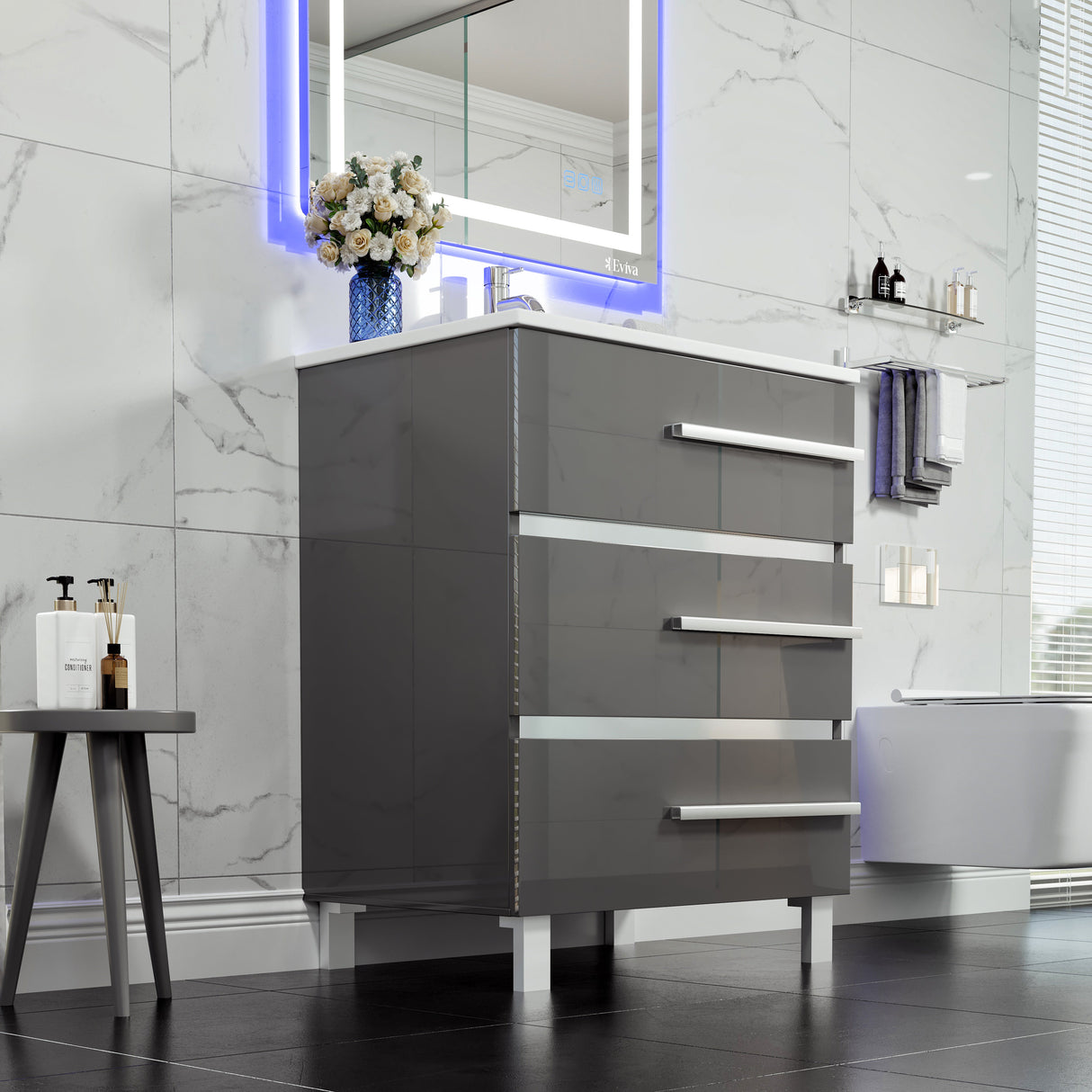 Deluxe 32 in. Gray Single Sink Bath Vanity with Porcelain Top and Integrated Sink