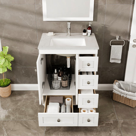 Happy 24 in. White Single Sink Bath Vanity with Carrara Quartz Top and Undermount Porcelain Sink