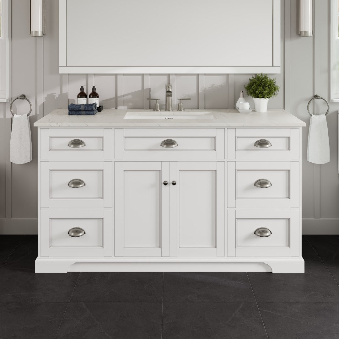 Epic 60 in. White Single Sink Bath Vanity with Carrara Quartz Top and Undermount Porcelain Sink