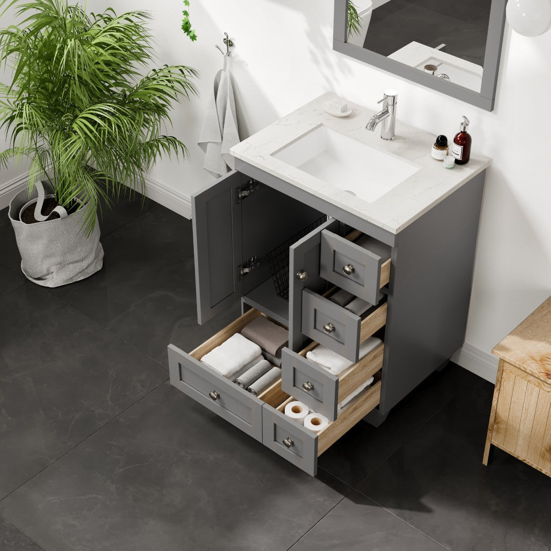 Happy 24 in. Gray Single Sink Bath Vanity with Carrara Quartz Top and Undermount Porcelain Sink