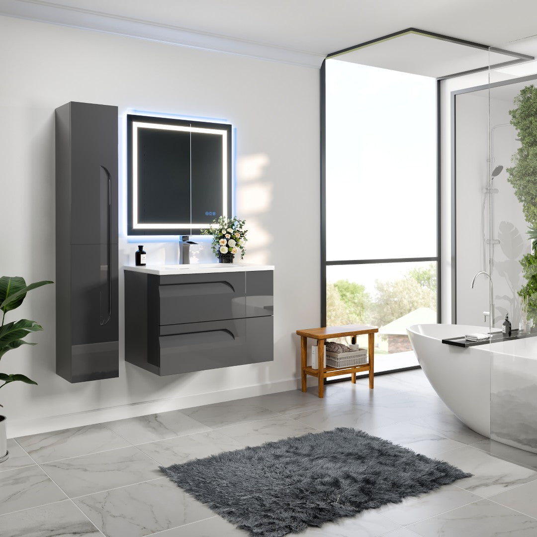 Joy 32 in. Gray Wall Mount Single Sink Bath Vanity with Porcelain Top and Integrated Sink