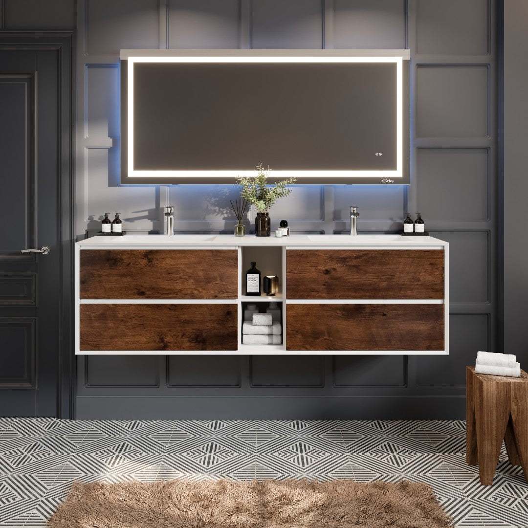 Vienna 75 in. Rosewood Wall Mount Double Sink  Bath Vanity with Acrylic Top and Integrated Sinks