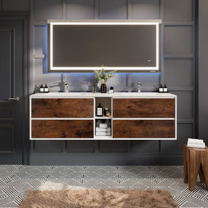 Vienna 75 in. Rosewood Wall Mount Double Sink  Bath Vanity with Acrylic Top and Integrated Sinks